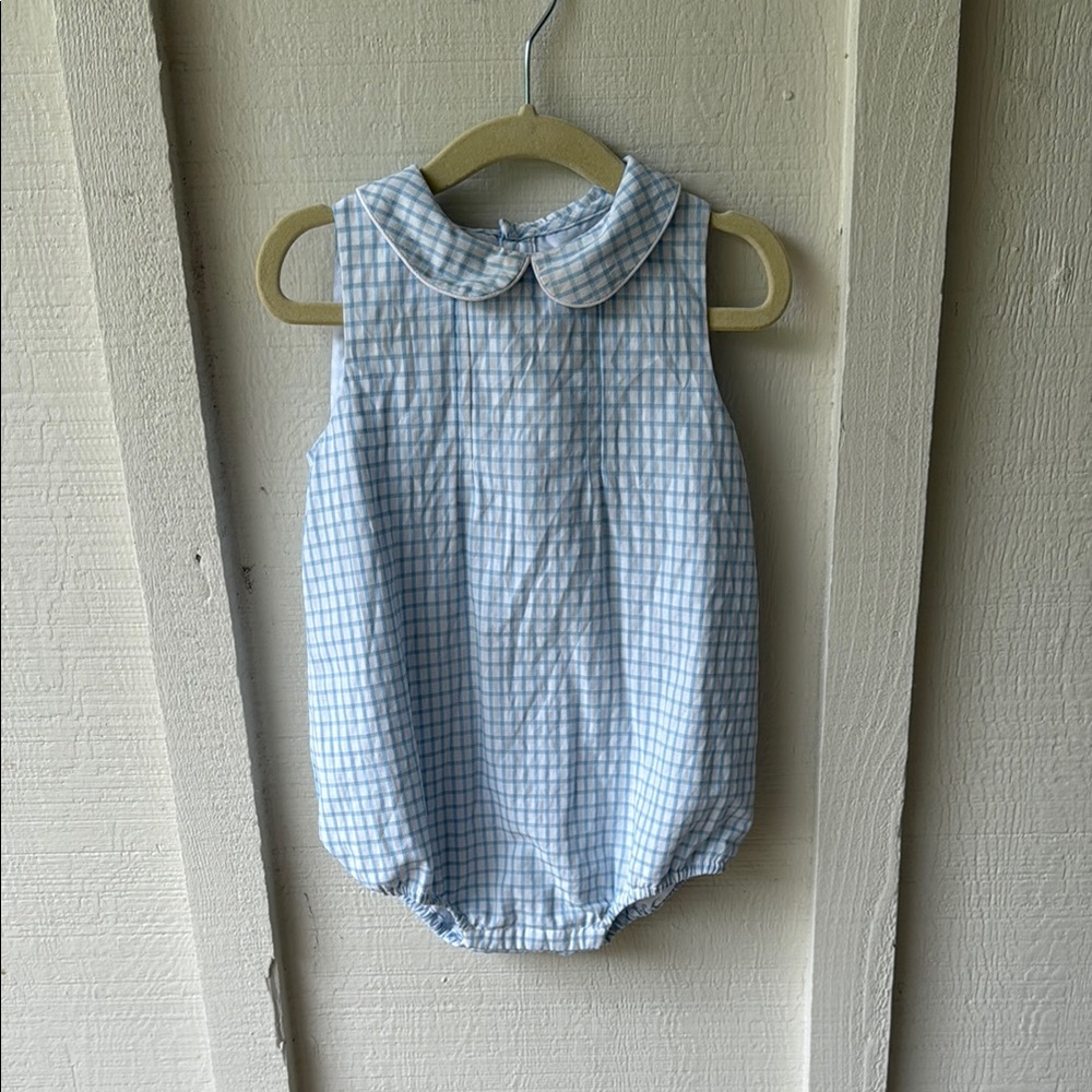 Blue and White Gingham Bodysuit with Classic Collar